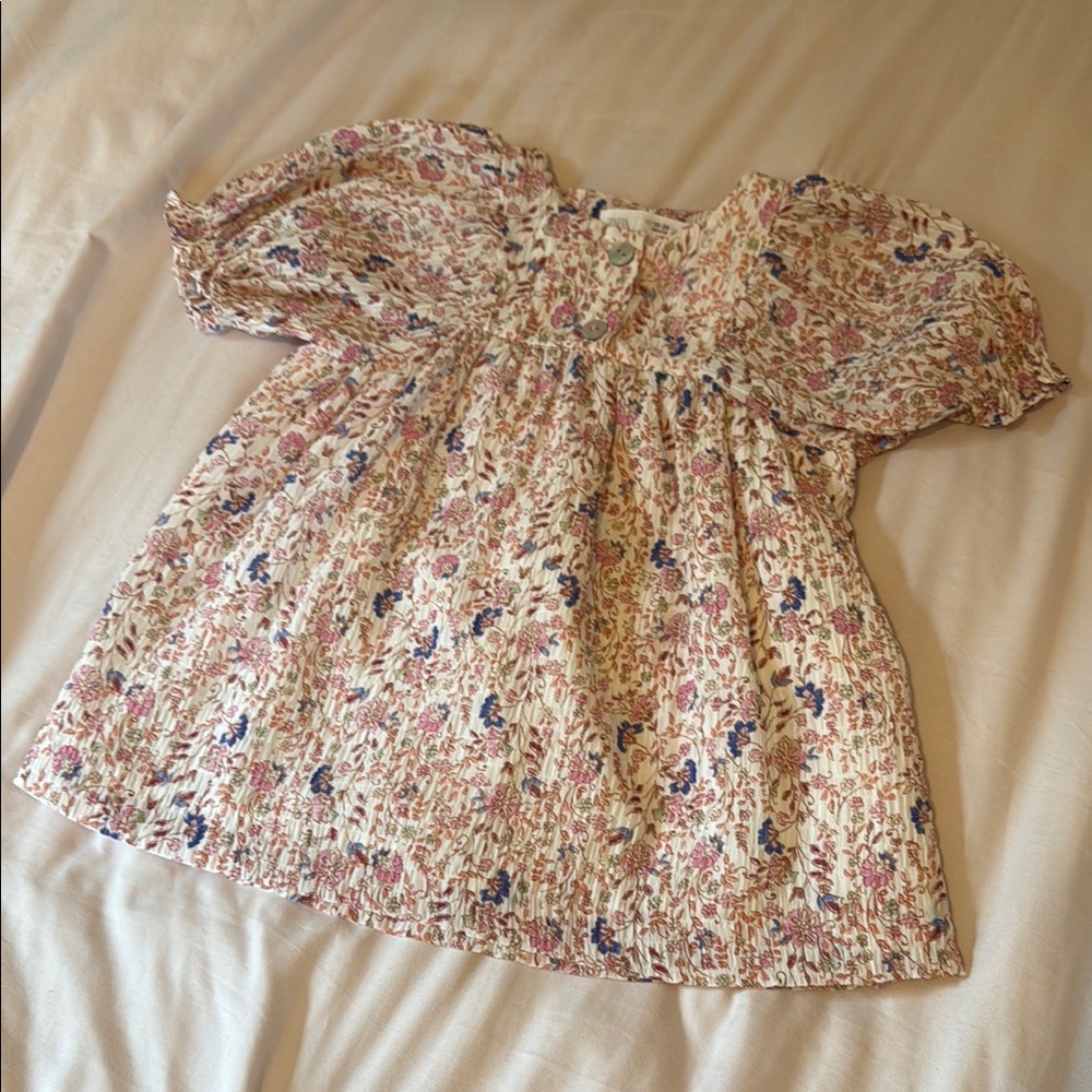 Zara Kids Cream Babydoll Dress with Short Sleeves and Scoop Neck